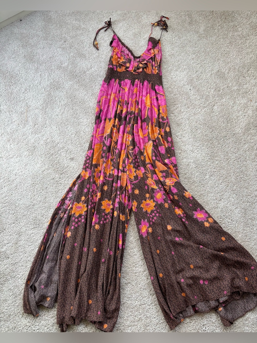 Free People Floral Palazzo Jumpsuit Wide Leg Smocked Boho Festival Maxi